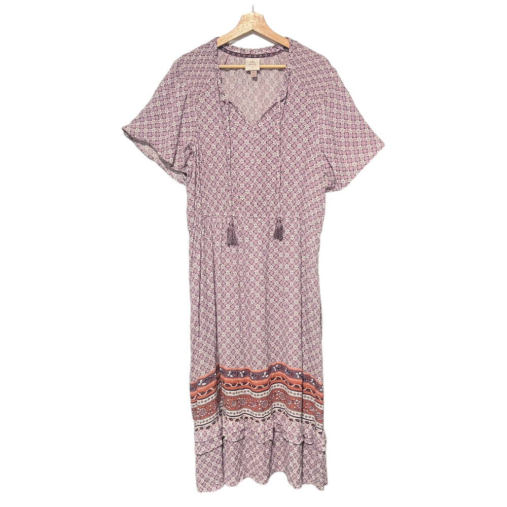 Knox Rose Floral Maxi Dress XXL Purple Short Sleeve Pockets V Neck Tassel Boho